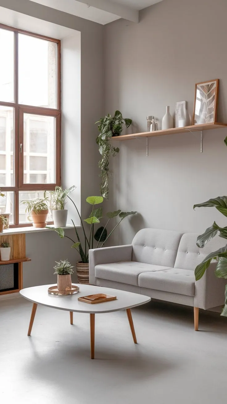 Light gray walls, wooden accents, and a few carefully chosen pieces create a serene modern living room in a compact space.
