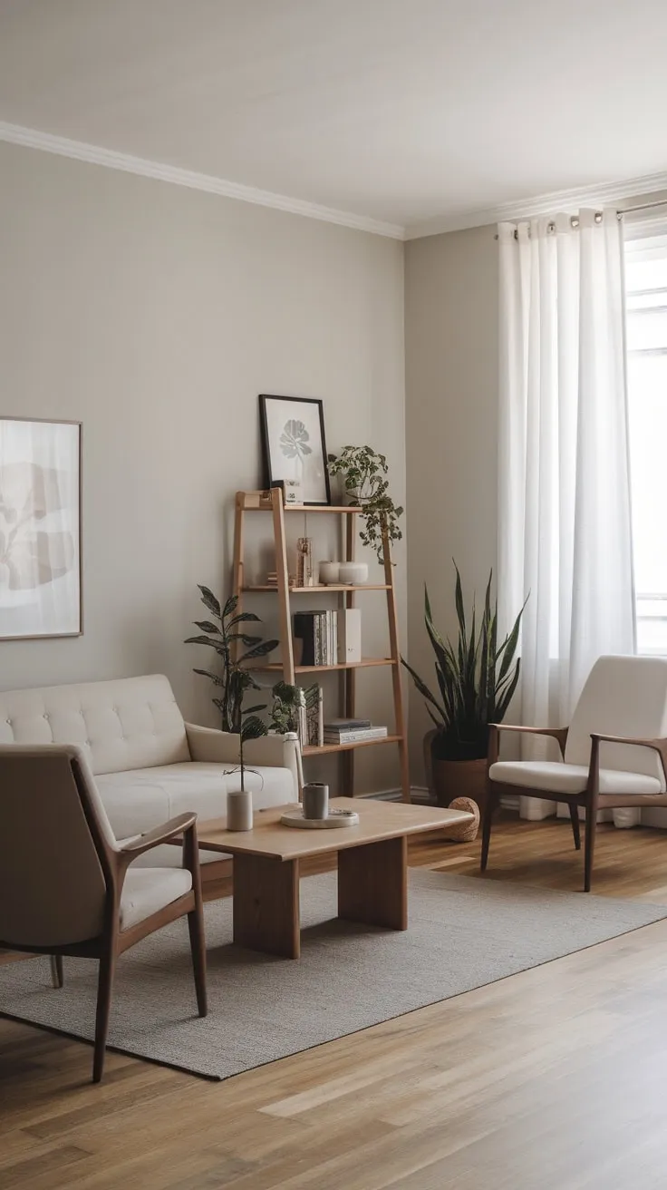 A minimalist beige sofa anchors a serene modern living room, complemented by light grey walls, wooden accents, and pops of greenery.