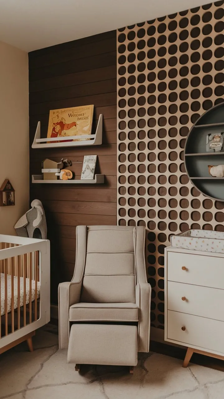 This modern nursery beautifully blends warm wood tones and vintage charm, featuring a classic Winnie the Pooh book and a unique circular accent wall, creating a cozy haven for childhood dreams.