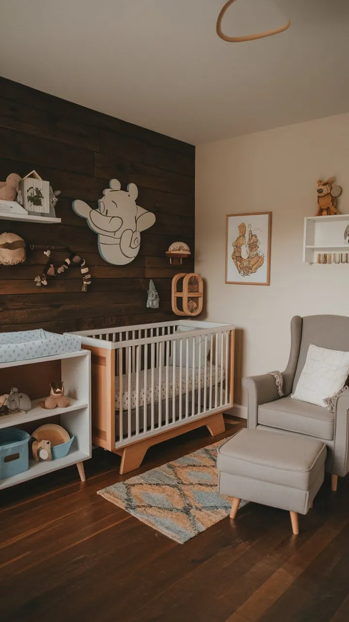 This enchanting nursery blends modern design with the timeless charm of Winnie the Pooh, featuring rich dark wood and vintage-inspired decor for a captivating space perfect for baby's first adventures.