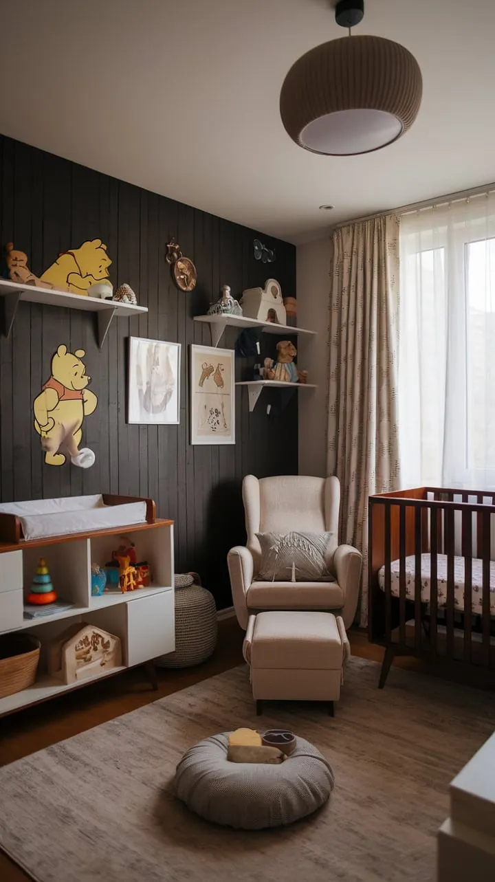 This modern nursery beautifully fuses vintage Winnie the Pooh illustrations with contemporary design, crafting a cozy haven for sweet dreams and cherished memories.