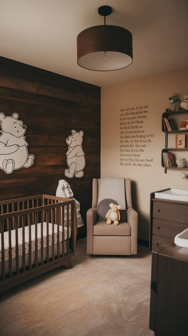 This nursery, adorned with rich wood tones and playful Pooh accents, is a serene haven where cherished memories blossom and dreams take flight.