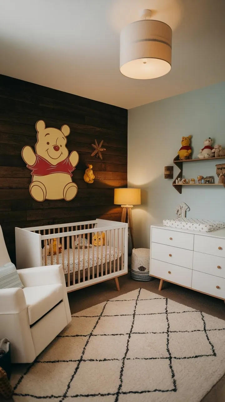 This nursery beautifully blends modern elegance with timeless Winnie the Pooh whimsy, crafting a sophisticated haven for childhood dreams.