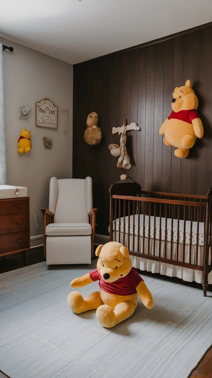 In a vintage Winnie the Pooh nursery, a dark wood accent wall and a soft blue rug create a cozy haven where childhood dreams and rustic charm intertwine.