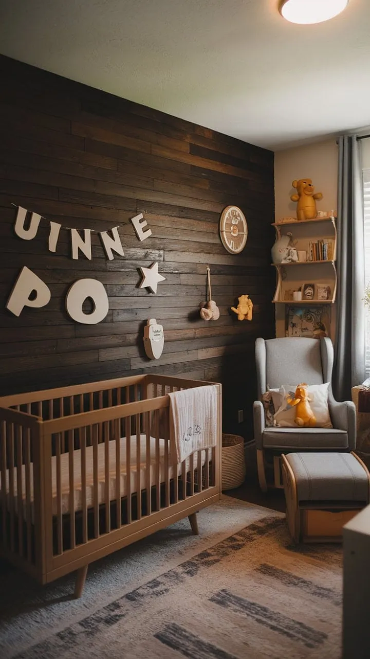 In this modern nursery, dark wood and childhood charm unite, creating a cozy haven where Winnie the Pooh's adventures come alive amidst plush comforts and a treasure trove of stories.