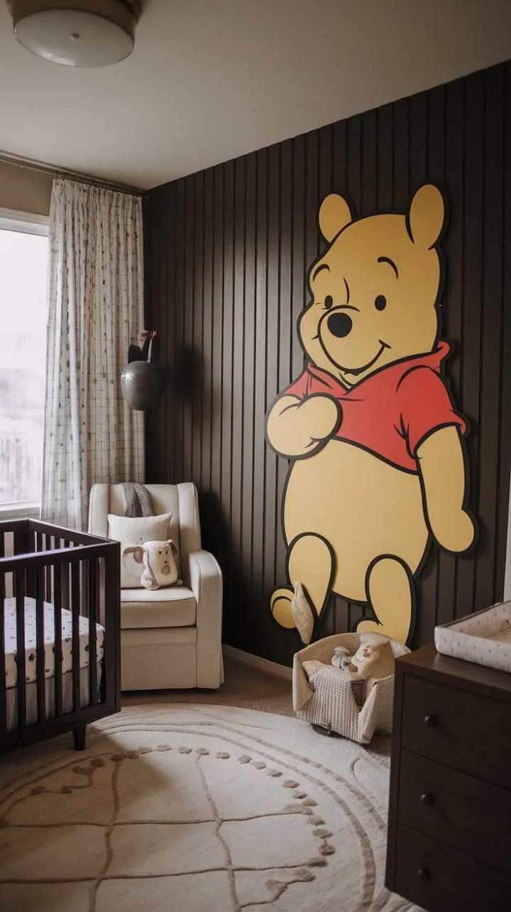 This nursery beautifully fuses classic Winnie the Pooh charm with modern design, featuring a rich dark wood accent wall that adds timeless sophistication and warmth.