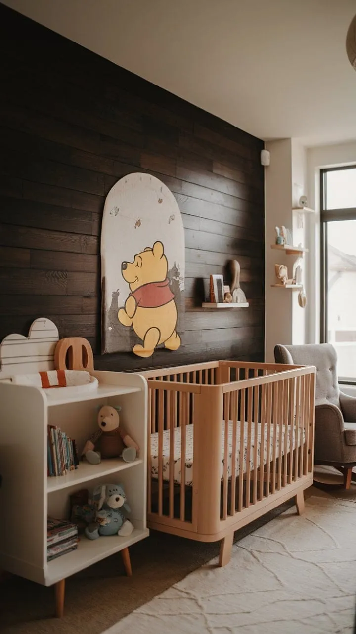 This enchanting nursery harmoniously fuses modern design with a classic Winnie the Pooh charm, crafting a cozy haven for a child's imaginative journeys.