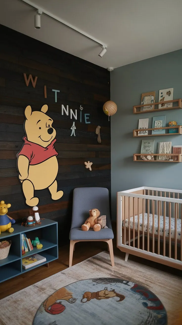 A charming and sophisticated nursery, blending modern design with the timeless appeal of Winnie the Pooh. The dark wood accent wall adds a touch of warmth, while the soft blue tones and vintage decor create a peaceful and inviting atmosphere. A space designed for comfort, play, and sweet dreams. A perfect haven for a little one.