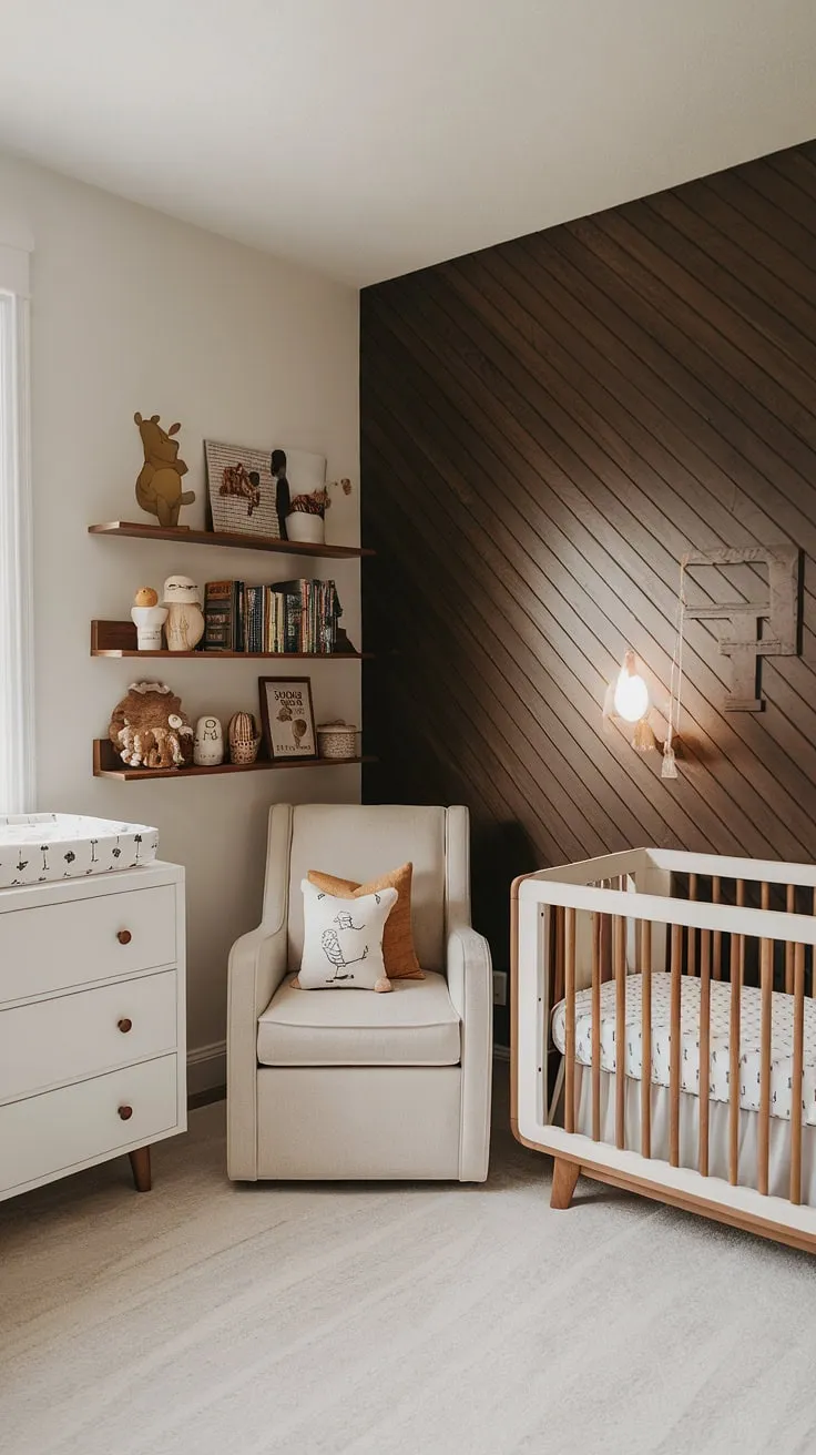 A charming blend of vintage Winnie the Pooh and modern design creates a cozy and inviting nursery. The dark wood accent wall adds a touch of sophistication, while the bright white walls keep the space airy and light. This room is a perfect haven for sweet dreams.