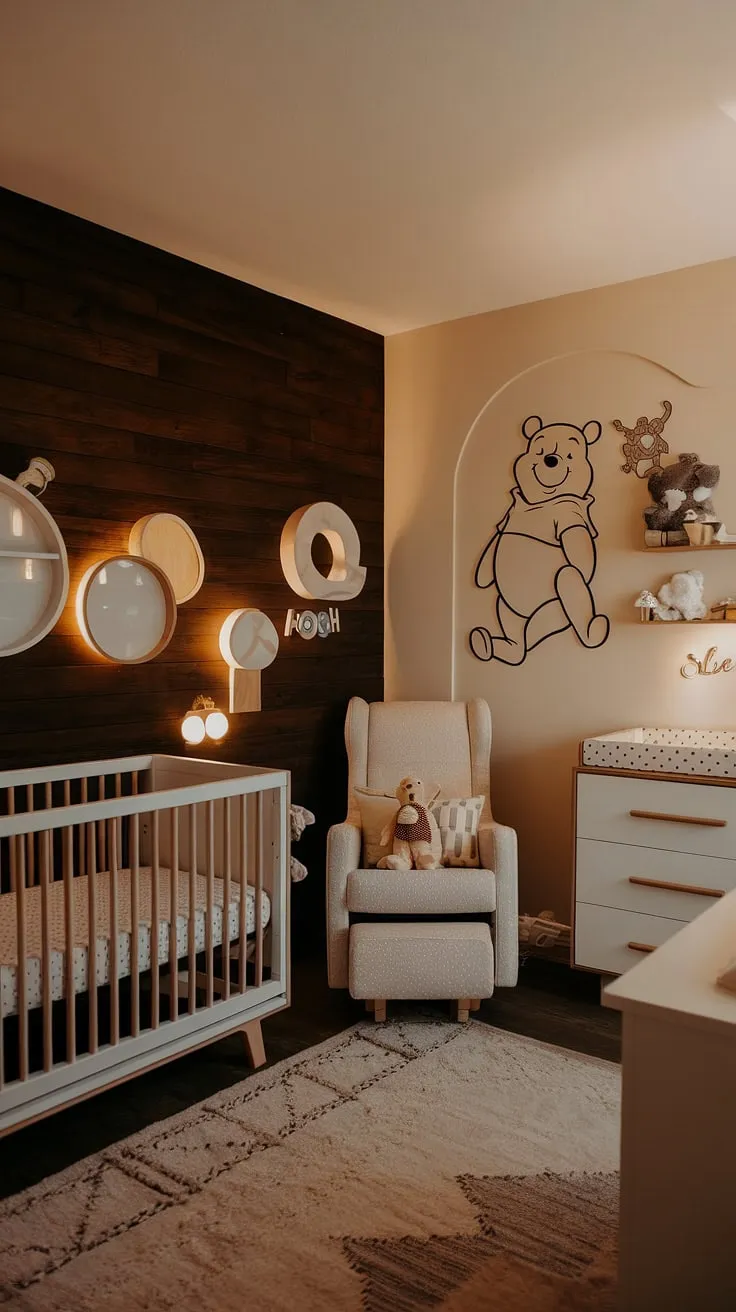 Hunny, I'm home! This vintage Winnie the Pooh nursery, complete with a rich dark wood accent wall and cozy rocking chair, is the perfect blend of classic charm and modern comfort. A dreamy space for little ones to grow.