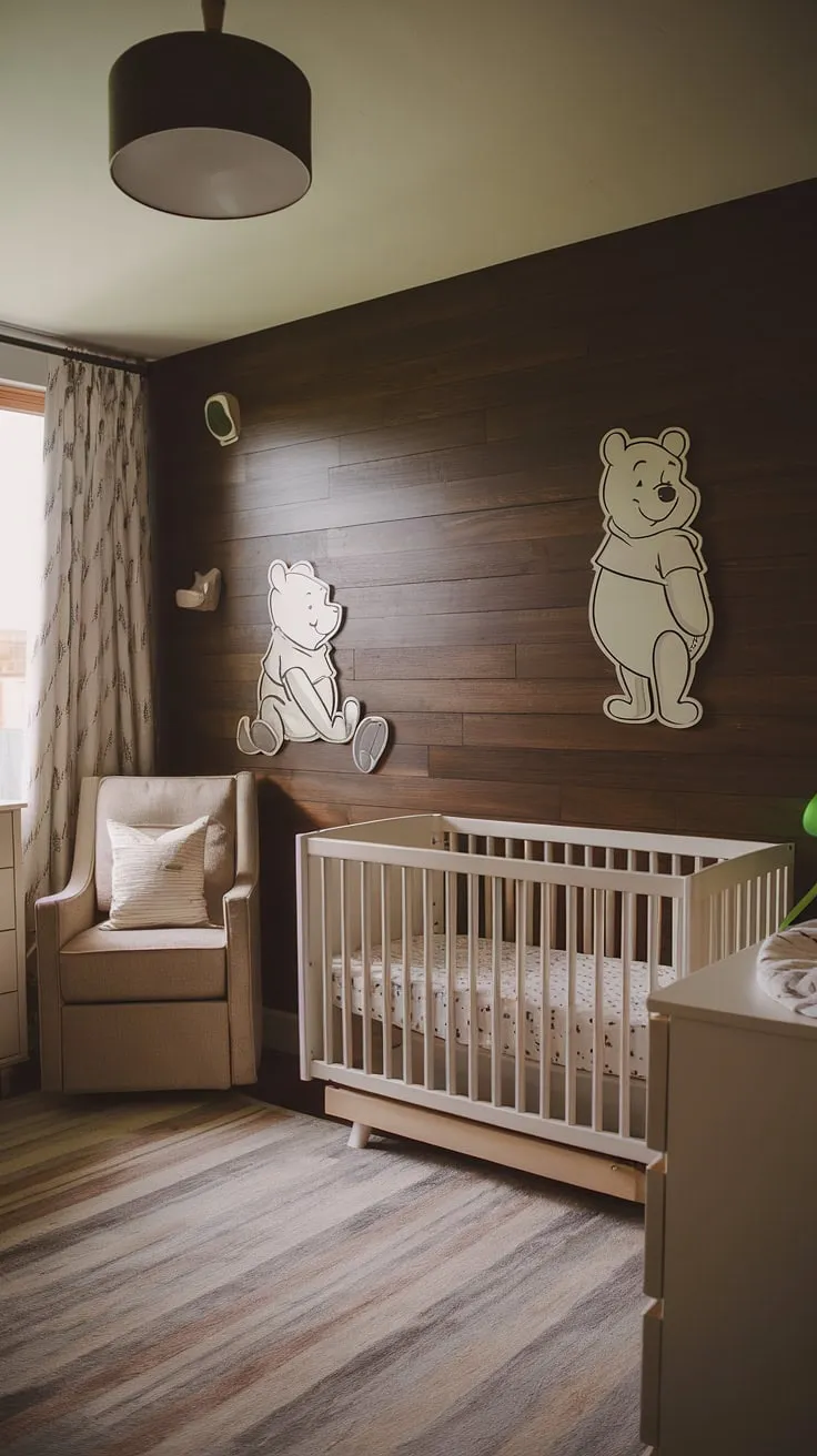 A sophisticated blend of modern design and vintage charm, this nursery's dark wood accent wall provides a rich backdrop for classic Winnie the Pooh illustrations, creating a space that's both stylish and comforting for baby's arrival. The carefully curated furniture completes the look, promising sweet dreams and cherished memories.