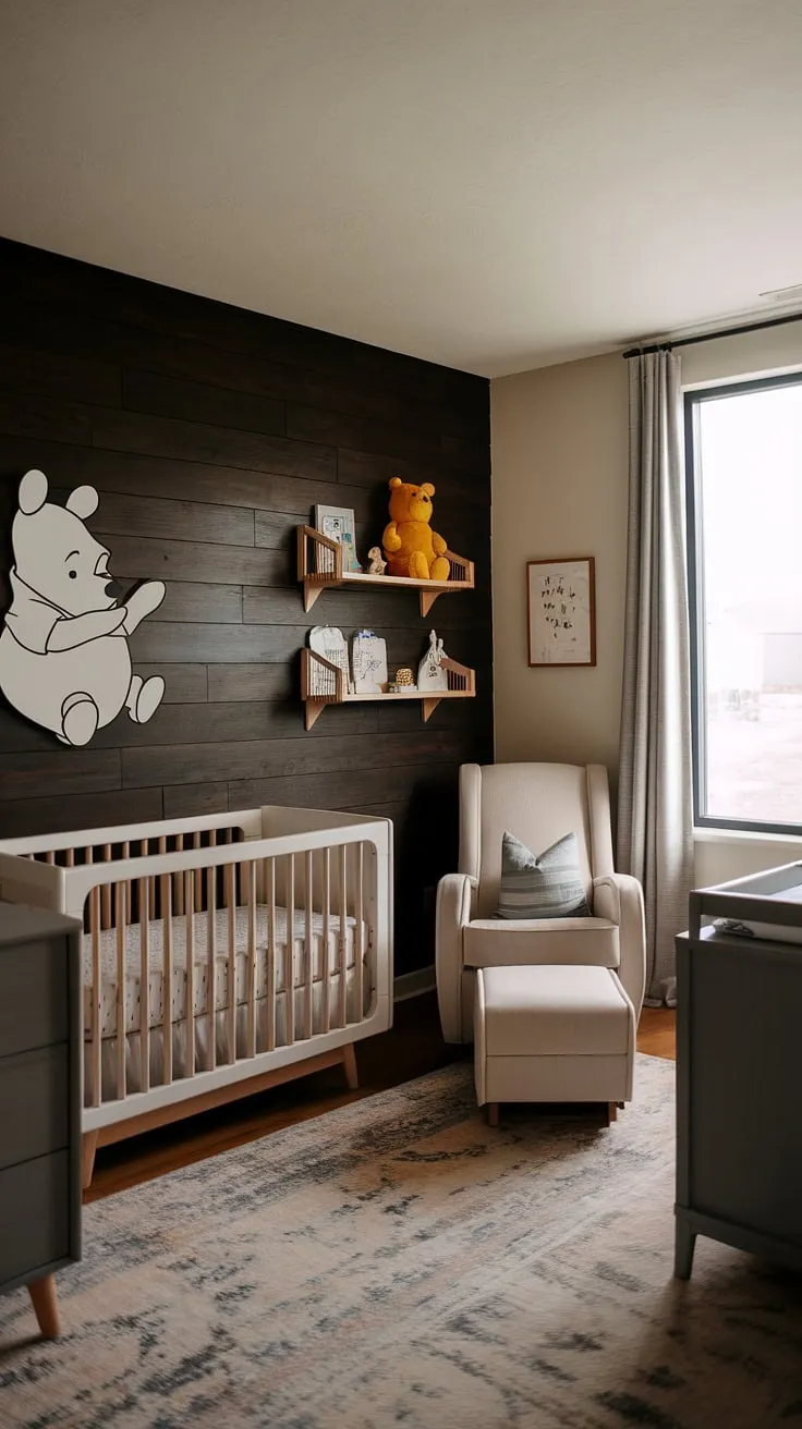 This nursery is a testament to timeless style. A dark wood accent wall provides a grounding element, beautifully complementing the vintage Winnie the Pooh theme. Every detail, from the rocking chair to the curated bookshelves, contributes to a space that's both stylish and incredibly comforting for baby.