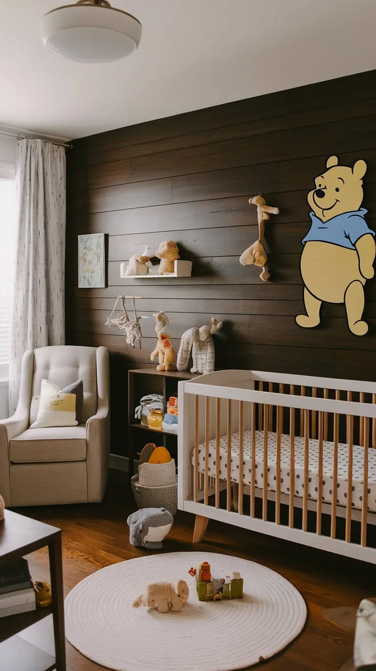 A sophisticated yet playful nursery, where the rich tones of the dark wood accent wall complement the timeless appeal of vintage Winnie the Pooh. Every detail, from the crib to the carefully curated toys, speaks to a love of tradition and a commitment to creating a nurturing space for the newest member of the family.