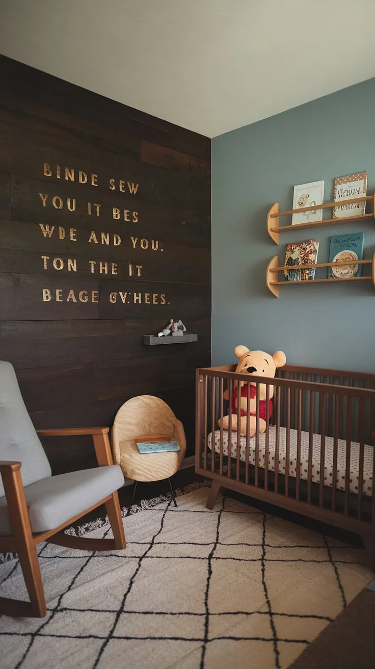 Soft blue walls and a dark wood feature wall create a calming yet sophisticated space for this little one. A vintage Winnie the Pooh theme, complete with a beloved plush friend in the crib, promises years of cherished memories in this thoughtfully designed nursery.