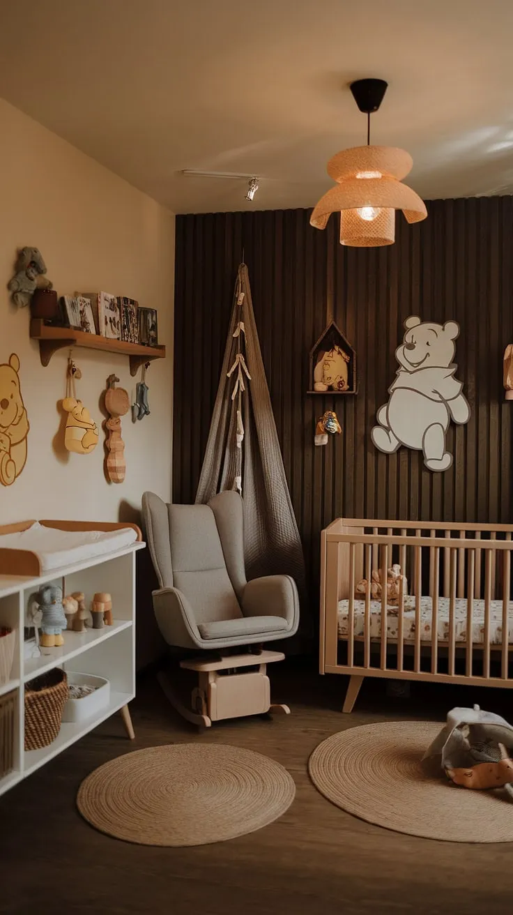 A perfectly curated blend of vintage charm and modern comfort, this nursery is a haven of sweet dreams. The dark wood accent wall provides a sophisticated backdrop for classic Winnie the Pooh decor, creating a space that's both stylish and playful. Every detail, from the cozy rocker to the thoughtfully chosen books, reflects a love for timeless design and cherished memories.