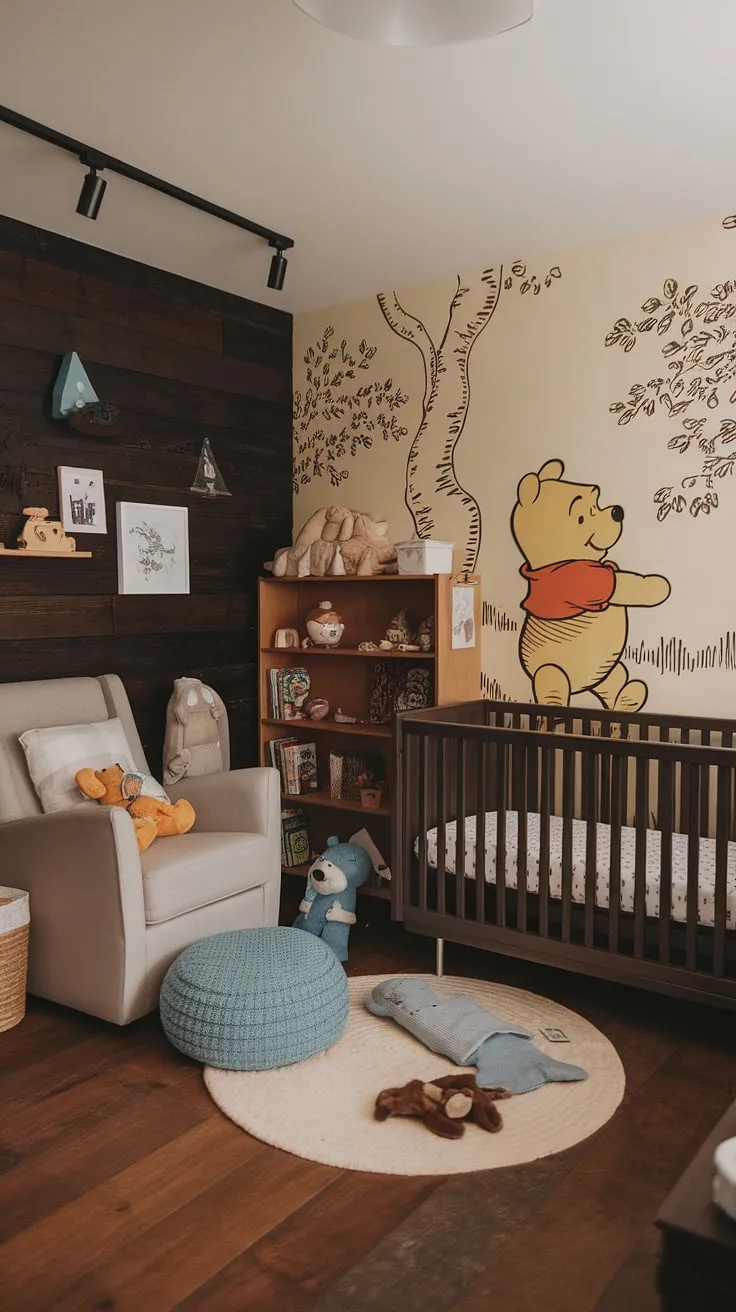 Where classic Winnie the Pooh charm meets modern design. This nursery's dark wood accent wall provides a sophisticated backdrop for the whimsical Winnie the Pooh mural, creating a space that's both playful and stylish. The carefully curated details, from the vintage-inspired crib to the cozy reading chair, ensure a comforting and enchanting atmosphere for years to come.