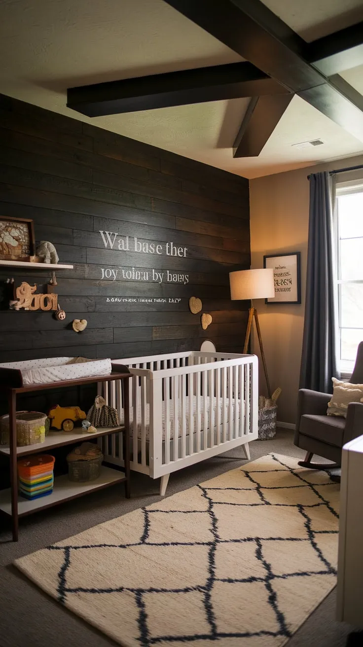This thoughtfully designed nursery blends contemporary style with a cherished vintage boy theme. The dark wood wall provides a rich backdrop for the playful decor, while the cozy rocking chair and soft rug invite moments of quiet connection. A space where dreams are made, and memories are born.