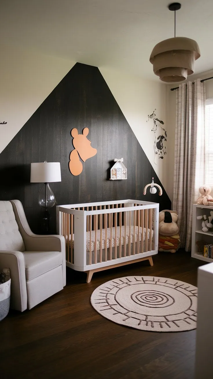 Classic Winnie the Pooh charm meets modern design in this little one's haven. The dark wood accent wall adds a touch of sophistication, while the vintage details create a cozy and inviting atmosphere. A perfect blend of old and new for a nursery filled with sweet dreams.