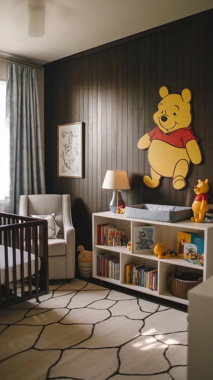 A classic Winnie the Pooh nursery, reimagined for a modern family. The dark wood accent wall adds a touch of sophistication, while the vintage-inspired decor creates a cozy and comforting space for little ones to dream. A perfect blend of old and new, this room is filled with love and cherished memories.