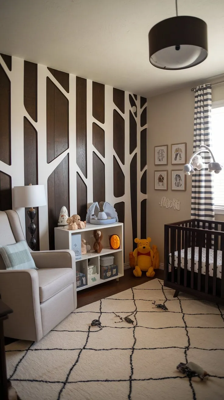 A dark wood accent wall anchors this vintage-inspired Winnie the Pooh nursery, creating a sophisticated yet playful space for a little one. The unique tree-patterned wall adds a touch of whimsy, perfectly complementing the classic Pooh decorations and cozy furnishings.
