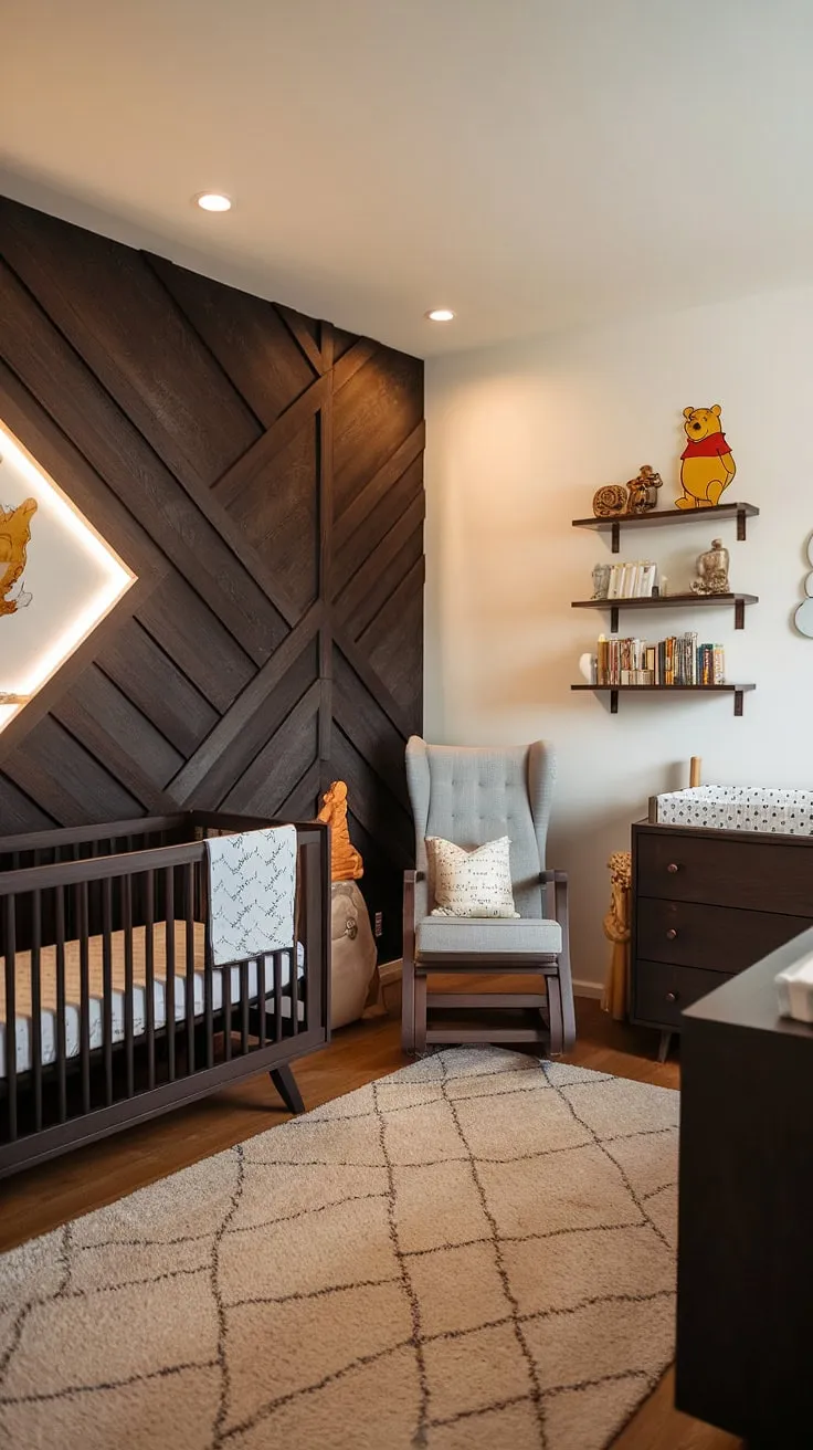 Where classic Winnie the Pooh charm meets modern design. This nursery's dark wood accent wall adds a touch of sophisticated whimsy, creating a cozy and inviting space for sweet dreams. The vintage details perfectly complement the room's overall warmth and functionality.