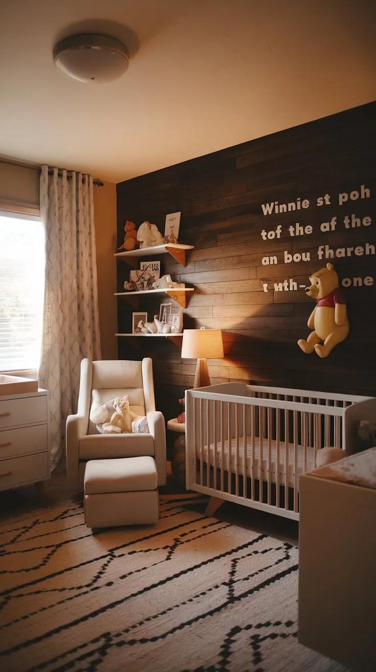 A modern nursery blending vintage charm and contemporary comfort. The rich wood accent wall, featuring a beloved Winnie the Pooh quote, sets the tone for this cozy haven, complete with a plush rocking chair and all the essentials for sweet dreams.