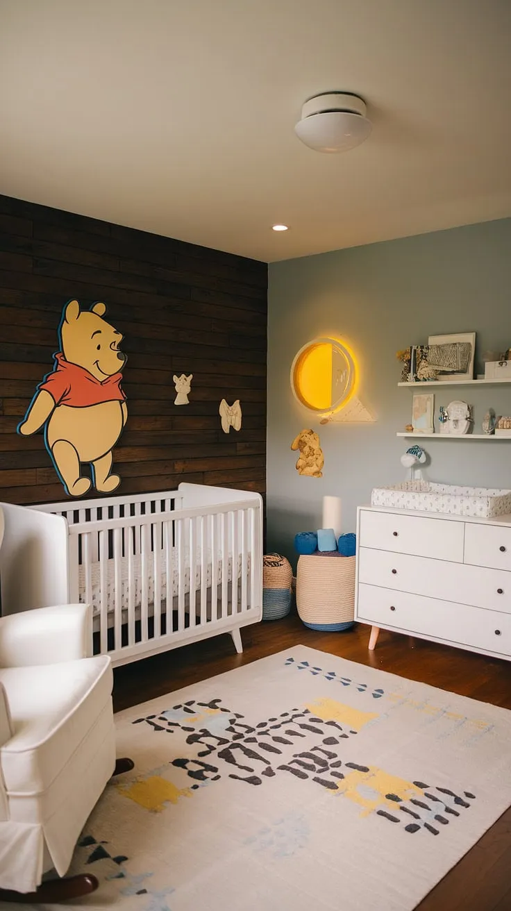 Where classic charm meets modern comfort. This Winnie the Pooh nursery, with its dark wood accent wall and soft color palette, creates a haven of tranquility for both baby and parent. The white furniture and hardwood floors add a touch of timeless elegance. A perfect blend of vintage and contemporary design.