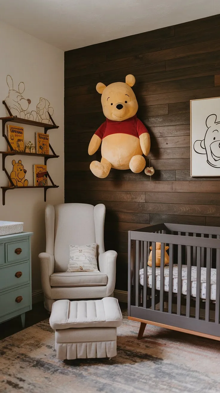 A classic Winnie the Pooh nursery, reimagined. The dark wood accent wall adds a touch of modern sophistication to this vintage-inspired space, perfectly complementing the gray crib and white rocker. A treasured Pooh bear and beloved books complete the charming scene, creating a haven of childhood dreams.