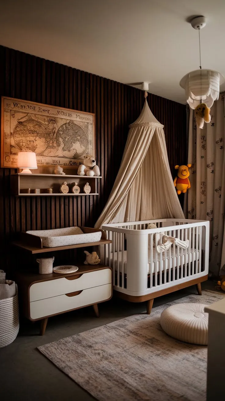 Sweet dreams are made of this: A vintage Winnie the Pooh nursery, complete with a dark wood accent wall, a cozy canopy crib, and charming details that create a space both classic and modern. The soft lighting and thoughtful touches ensure a peaceful haven for little ones.