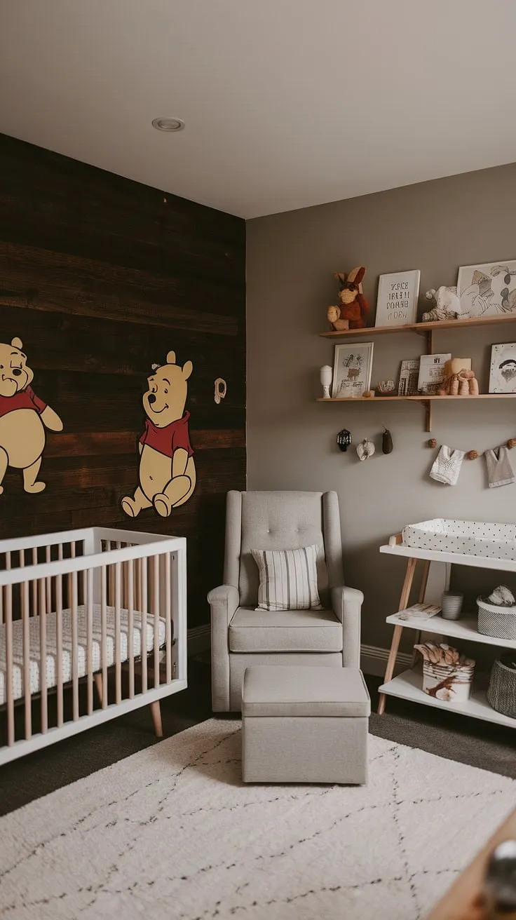 Soft gray walls and a rich dark wood accent create a sophisticated backdrop for this charming Winnie the Pooh nursery. The vintage-inspired decor, complete with a cozy rocking chair and thoughtfully curated bookshelves, promises sweet dreams and countless hours of happy play. A truly enchanting space for a little one.