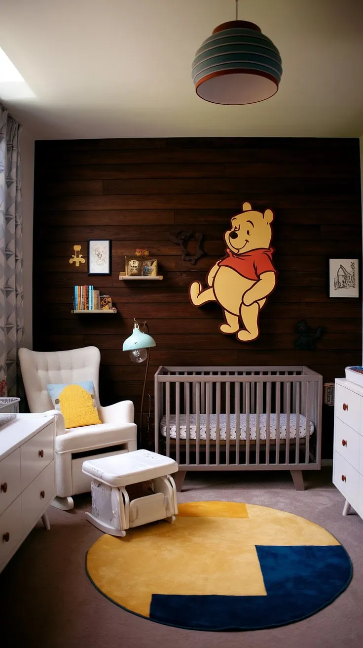 This modern nursery reimagines the classic Winnie the Pooh theme with a sophisticated twist. The dark wood feature wall provides a rich backdrop to the soft grey crib and white accents, creating a calming and stylish space for baby's first adventures. A touch of vintage charm adds personality and warmth.