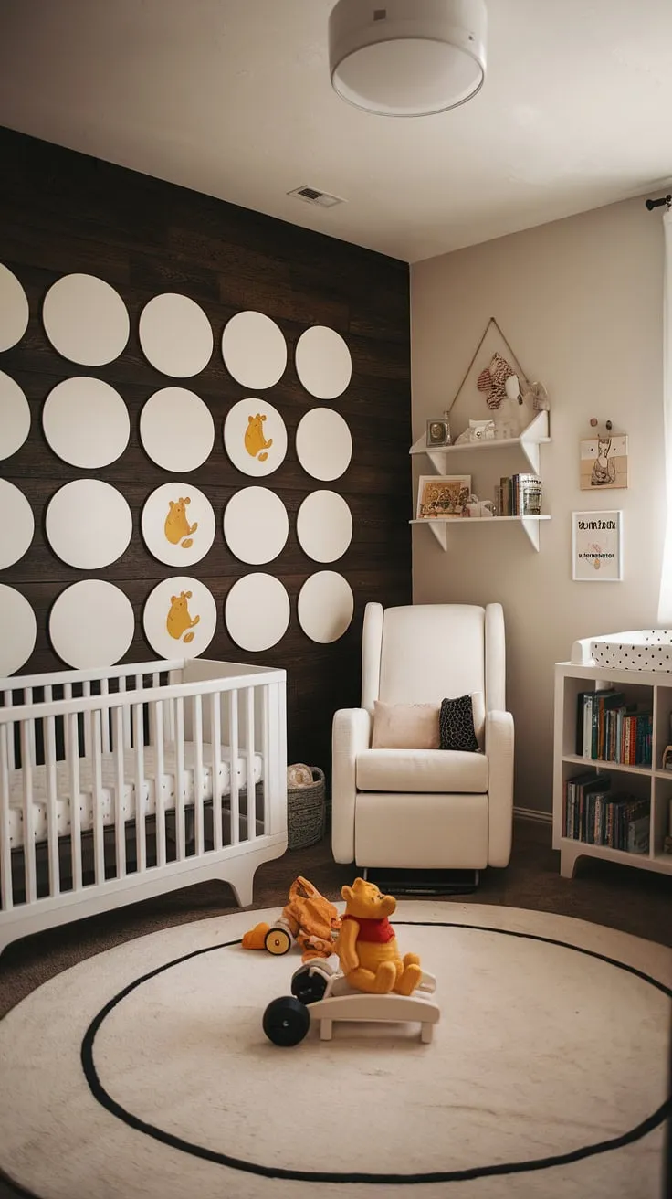 This nursery effortlessly blends vintage Winnie the Pooh nostalgia with a sleek, contemporary aesthetic. The unique white-circle accent wall adds a touch of playful artistry against the rich dark wood, creating a calming and stylish space for baby's first adventures. A truly enchanting room, full of character and charm.