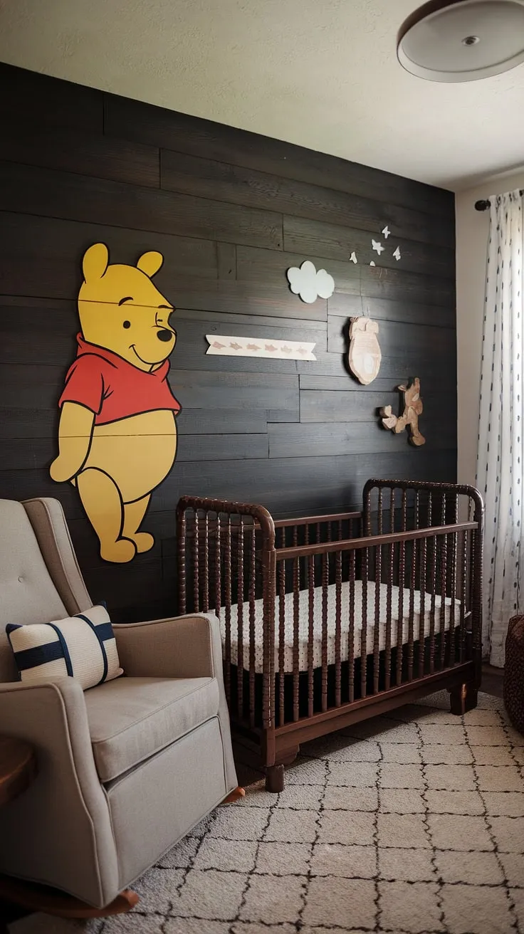 A vintage-inspired nursery, complete with a dark wood accent wall showcasing hand-painted Winnie the Pooh characters, creates a charming and timeless space for the little one. The classic crib and rocking chair add to the nostalgic feel, promising sweet dreams and cozy moments.
