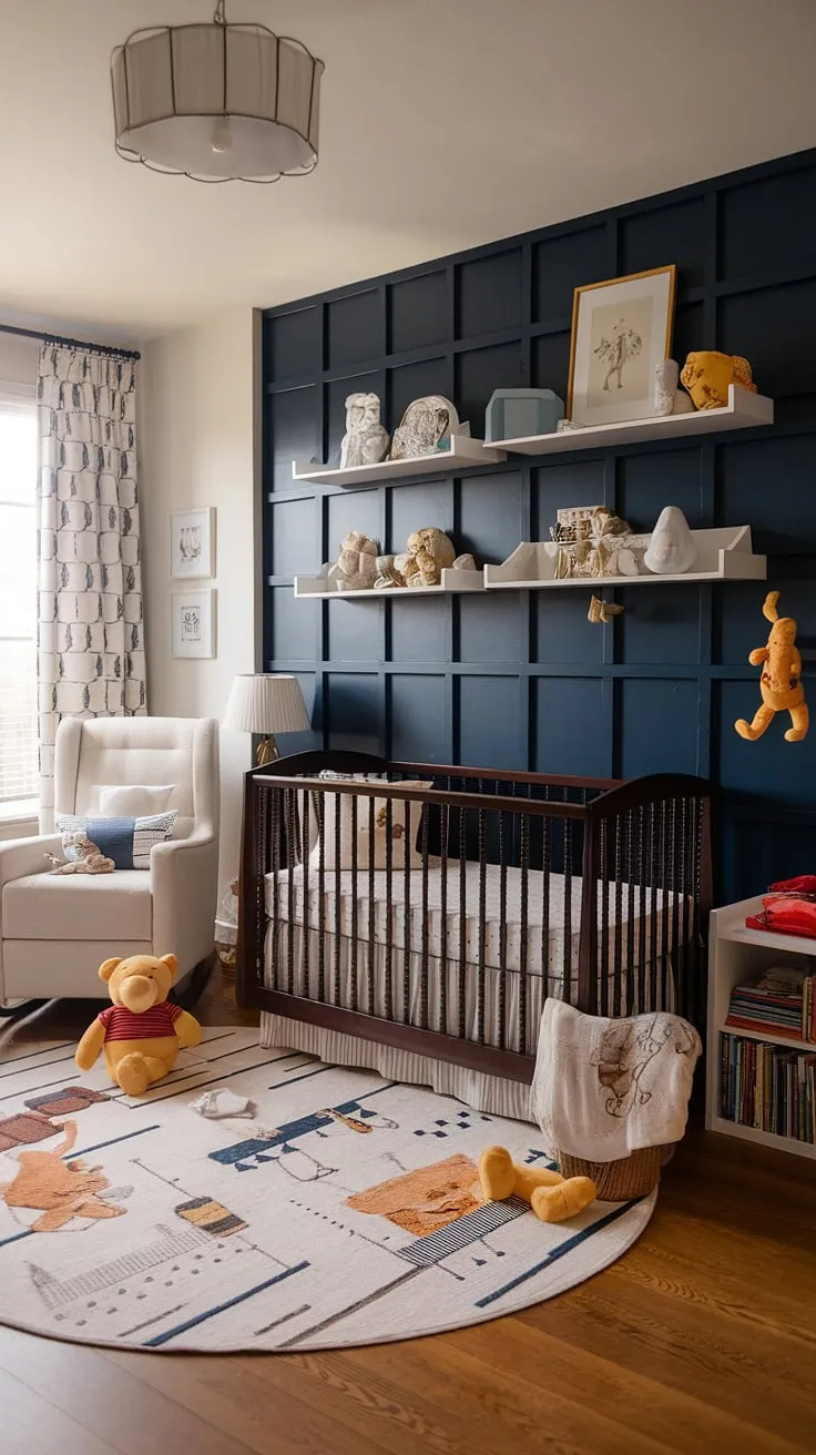 Where classic charm meets modern comfort. This vintage-inspired nursery, with its dark wood crib and navy blue accent wall, creates a soothing space for sweet dreams. The Winnie the Pooh touches add a touch of playful nostalgia, perfectly blending old and new for a truly unique and a adorable nursery.
