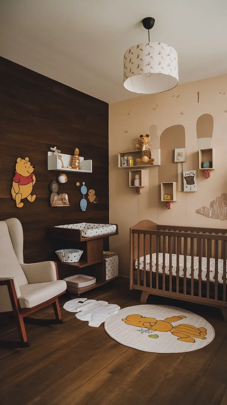 Step into a world of honey-sweet dreams in this modern vintage nursery. The rich dark wood accent wall complements the classic Winnie the Pooh décor, creating a space that's both charming and sophisticated. A perfect blend of old-world charm and contemporary style for a little one's haven.