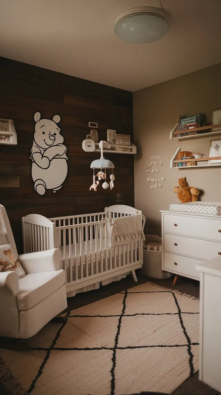 This classic Winnie the Pooh nursery is a testament to timeless design. The rich dark wood contrasts beautifully with the crisp white furniture, creating a space that's both elegant and inviting. From the whimsical mobile above the crib to the carefully chosen books and toys, every detail speaks to a love for quality and a commitment to creating a nurturing environment for a little one.