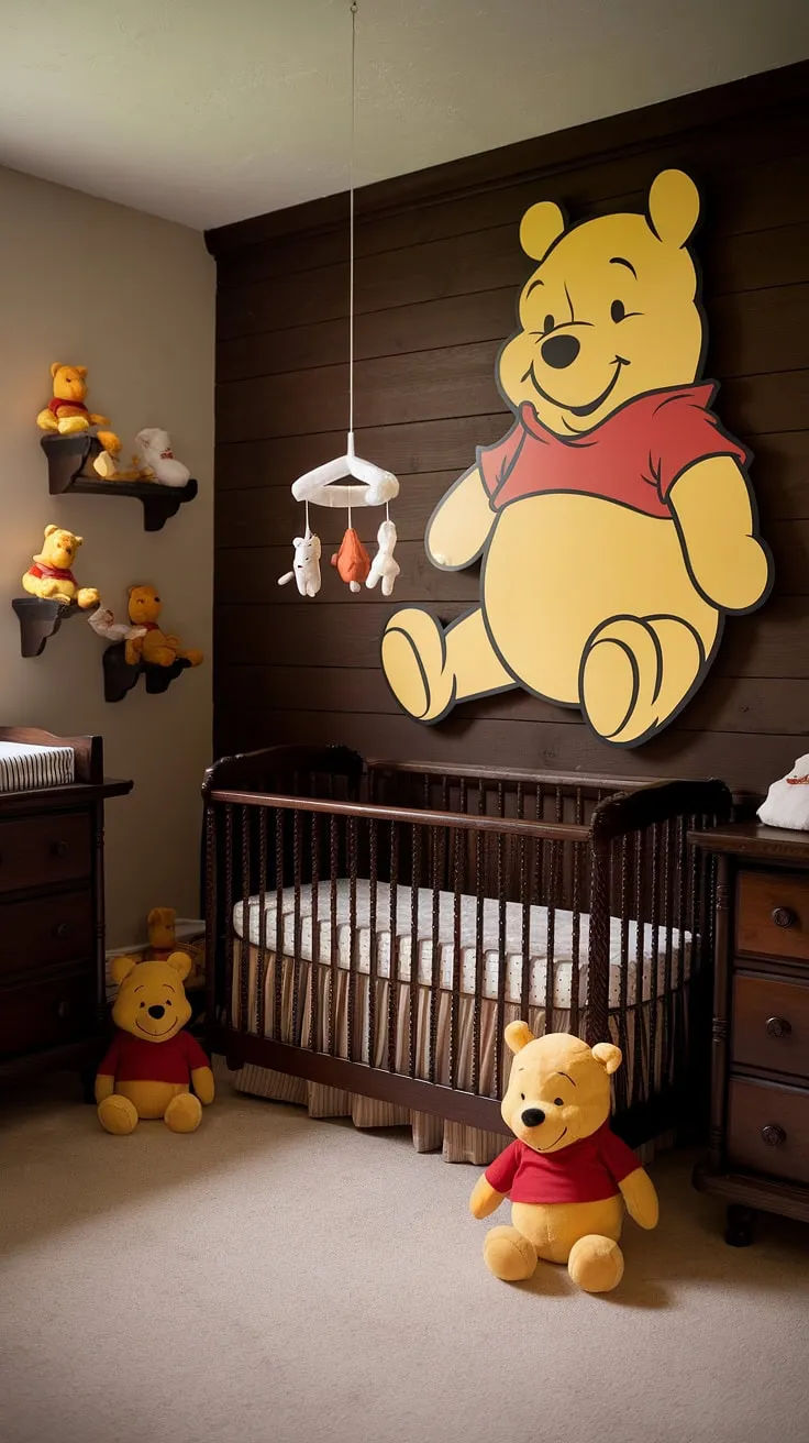 This classic Winnie the Pooh nursery is a delightful blend of vintage charm and whimsical detail. The dark wood creates a sophisticated backdrop for the beloved bear and his friends, while the soft lighting and carefully chosen furniture ensure a peaceful and comforting environment for baby's first adventures. A truly enchanting space for sweet dreams and cherished memories.