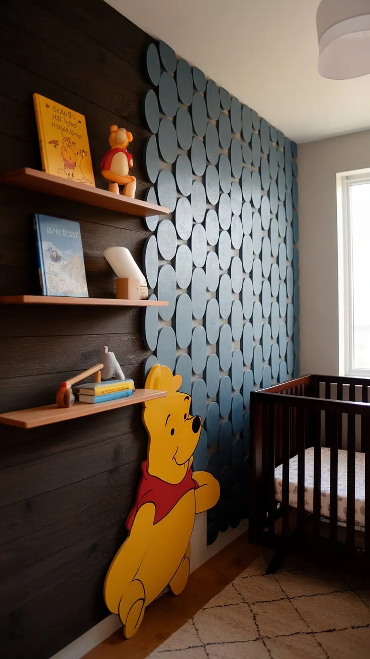 Cozy and classic, this nursery blends vintage Winnie the Pooh charm with a modern aesthetic. The rich dark wood and unique blue circle accent wall create a captivating backdrop for sweet dreams, while the thoughtful details, like the wooden shelves and soft rug, add warmth and personality.