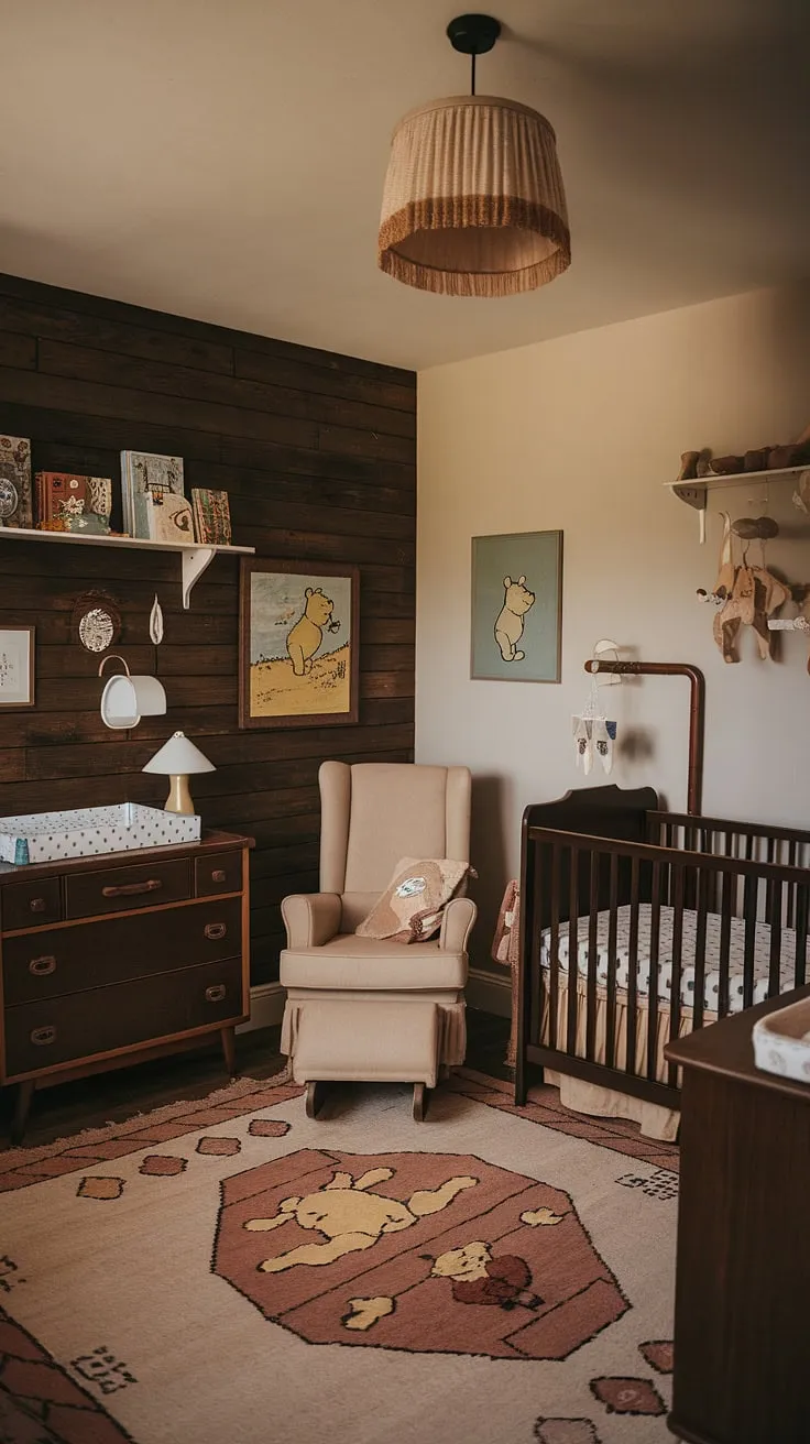Step into a world of honey-sweet dreams in this vintage Winnie the Pooh nursery. The dark wood accent wall, antique crib, and charming details create a timeless space where childhood adventures begin. A perfect blend of classic style and beloved characters.