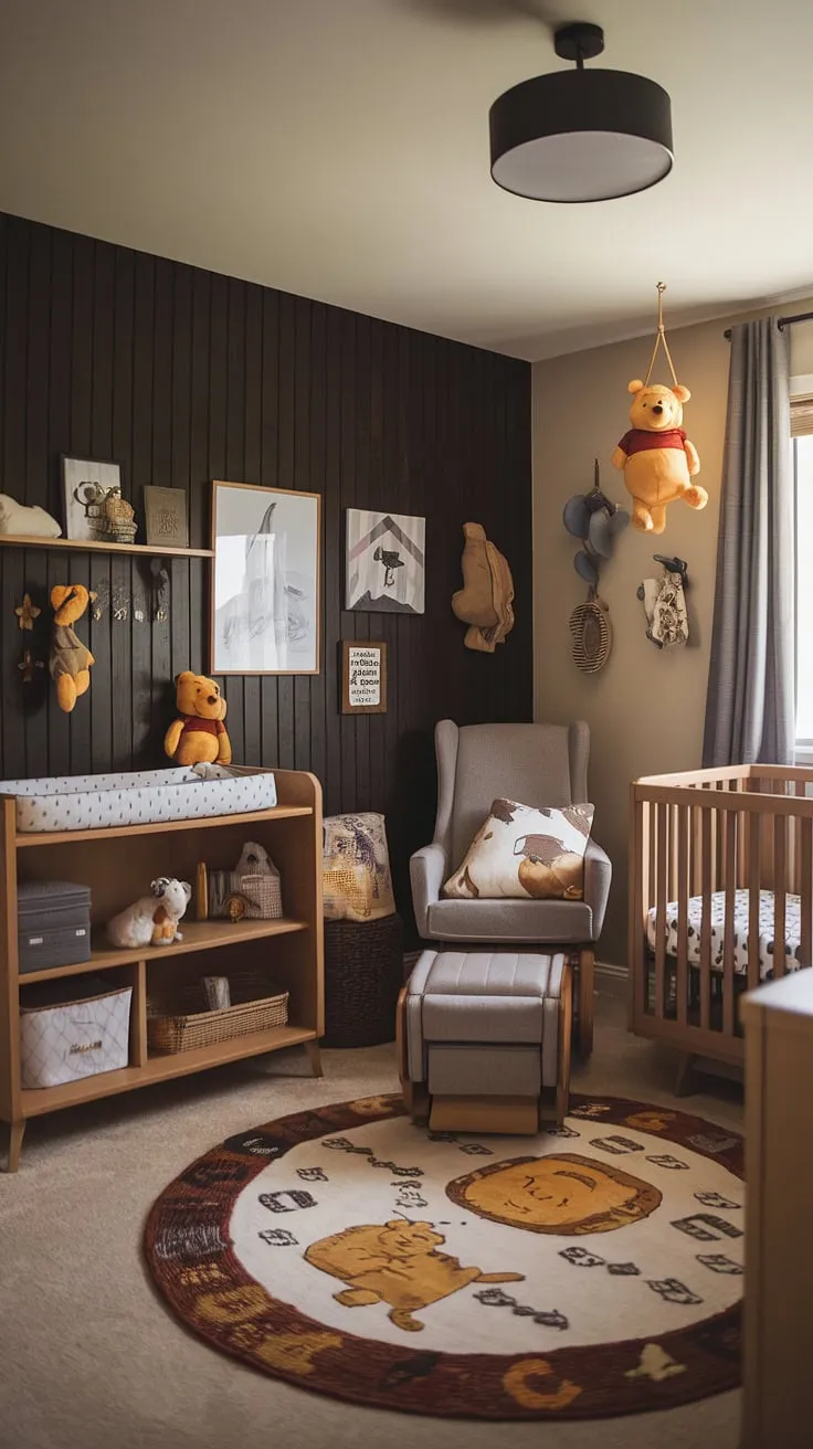 A classic Winnie the Pooh theme meets modern design in this charming nursery. The dark wood accent wall provides a sophisticated backdrop for the vintage-inspired pieces, creating a space that's both playful and elegant. A perfect blend of old and new for a little one's haven.