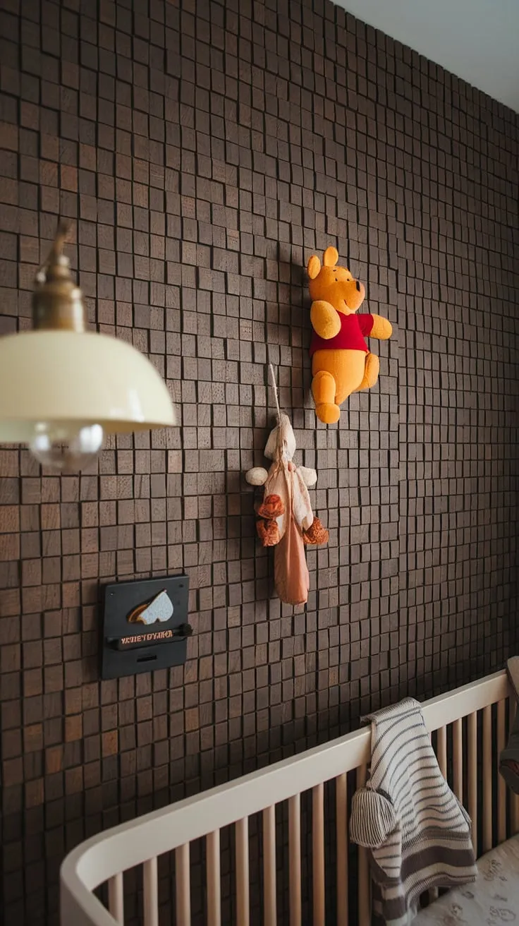A dark wood accent wall creates a striking backdrop for this vintage-inspired boy's nursery. The carefully curated details, from the classic Winnie the Pooh mobile to the antique lamp, tell a story of cherished memories and timeless style. A space brimming with character and warmth.
