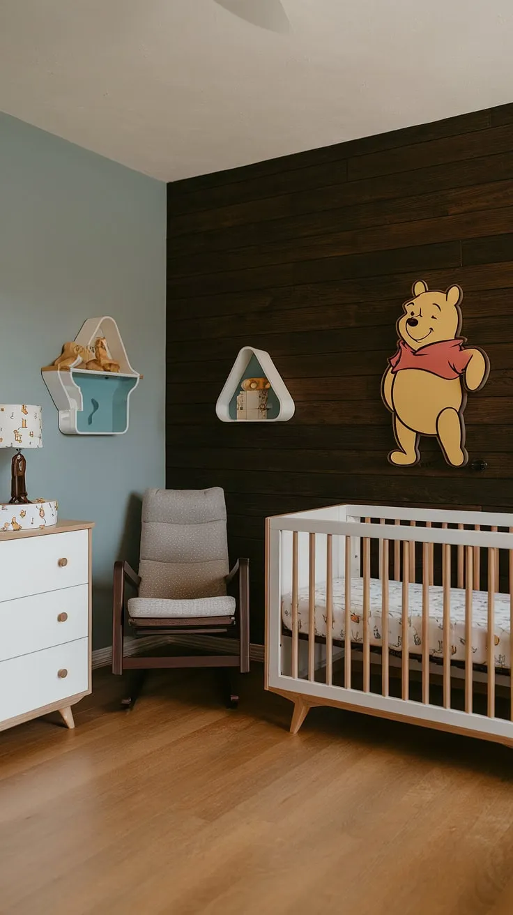 Sweet dreams are made of this: A vintage Winnie the Pooh nursery, where classic charm meets modern design. The dark wood accent wall adds a touch of sophistication, perfectly complementing the soft blue hues and whimsical details. A perfect blend of old and new for a little one's haven.