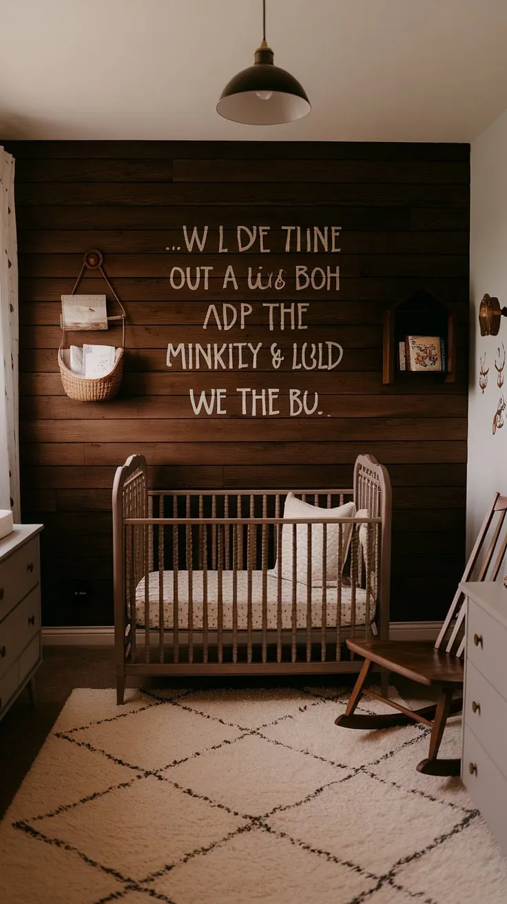 This nursery effortlessly blends modern design with vintage details. The rich dark wood wall, adorned with a cherished Winnie the Pooh quote, creates a cozy atmosphere. Paired with a classic crib and soft textures, it's a space where dreams are made and cherished memories begin.