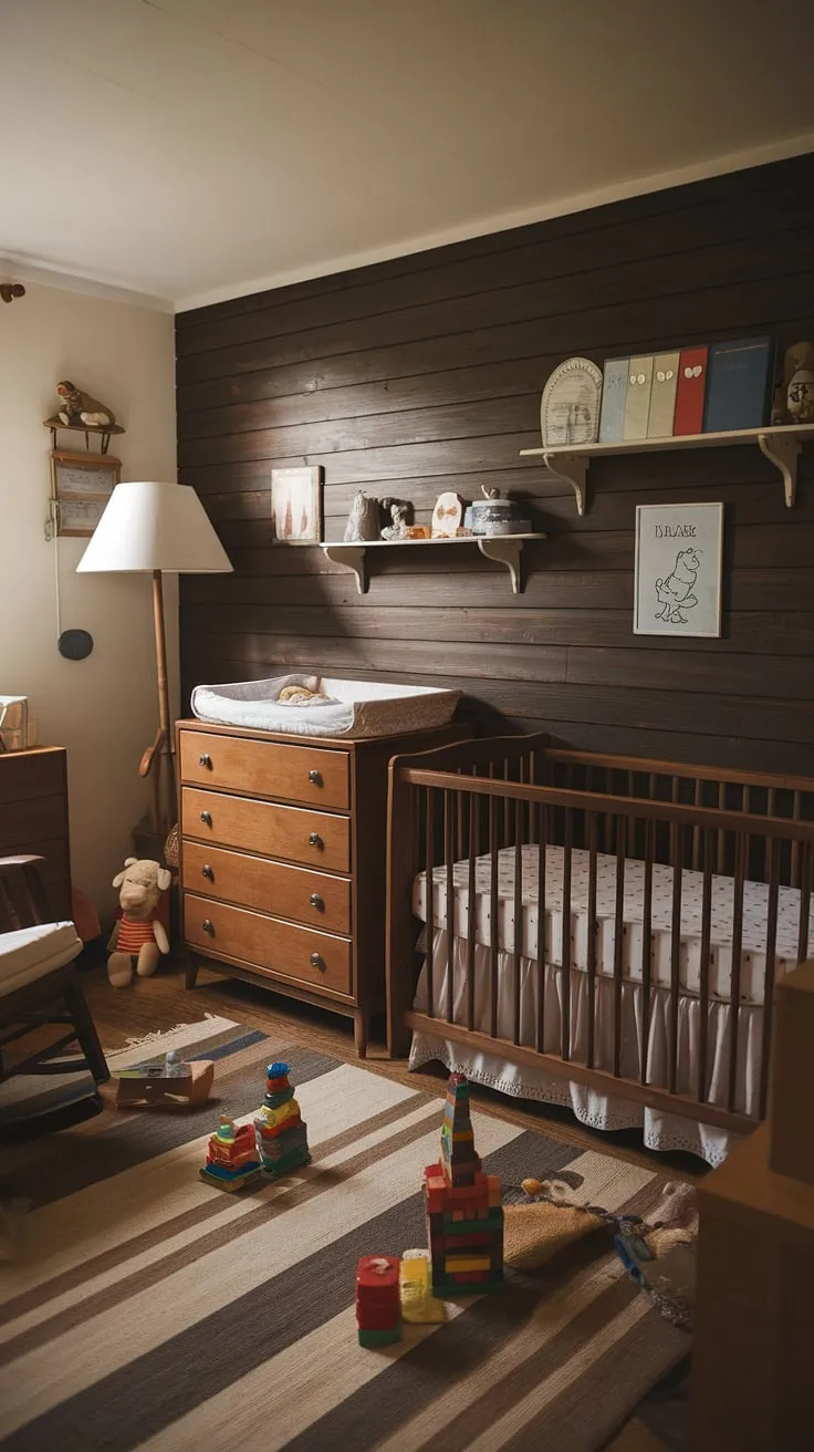This nostalgic nursery, with its rich dark wood wall and classic furniture, is a haven of childhood dreams. Every detail, from the cozy rocking chair to the stacked building blocks, speaks to a simpler time. A timeless space where love and laughter will surely thrive.