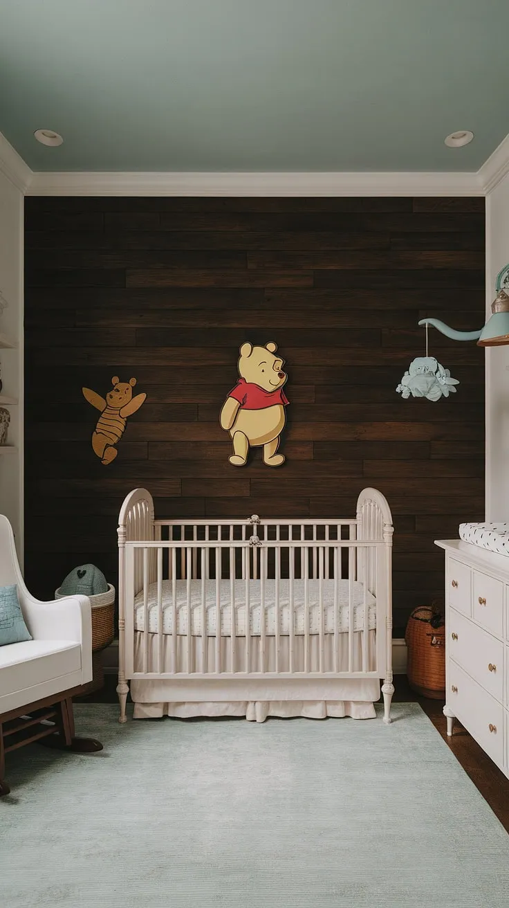 Sweet dreams are made of this: A vintage-inspired nursery, bathed in soft light, where classic Winnie the Pooh charm meets timeless elegance. The dark wood accent wall adds a touch of sophistication, creating a calming and enchanting space for little ones to grow. A perfect blend of old-world charm and modern comfort.