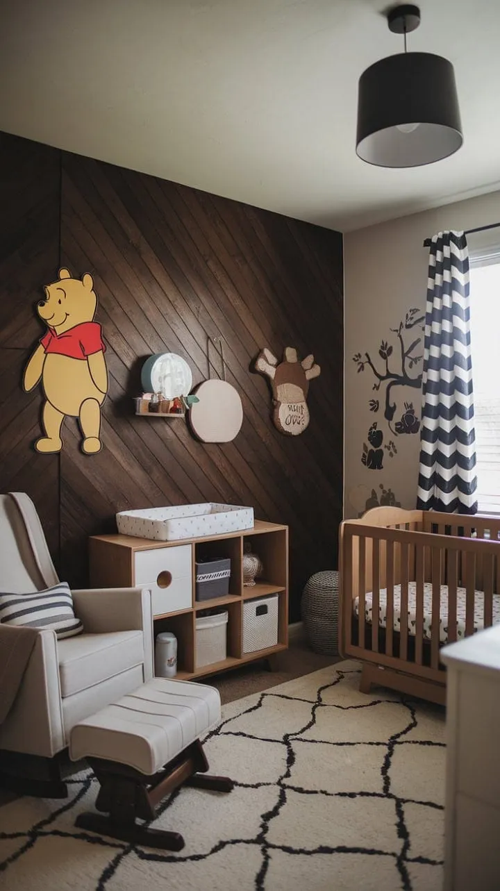 This nursery beautifully marries modern design with vintage charm, featuring a dark wood accent wall and nostalgic Winnie the Pooh elements that create a warm, inviting haven for a special little boy.