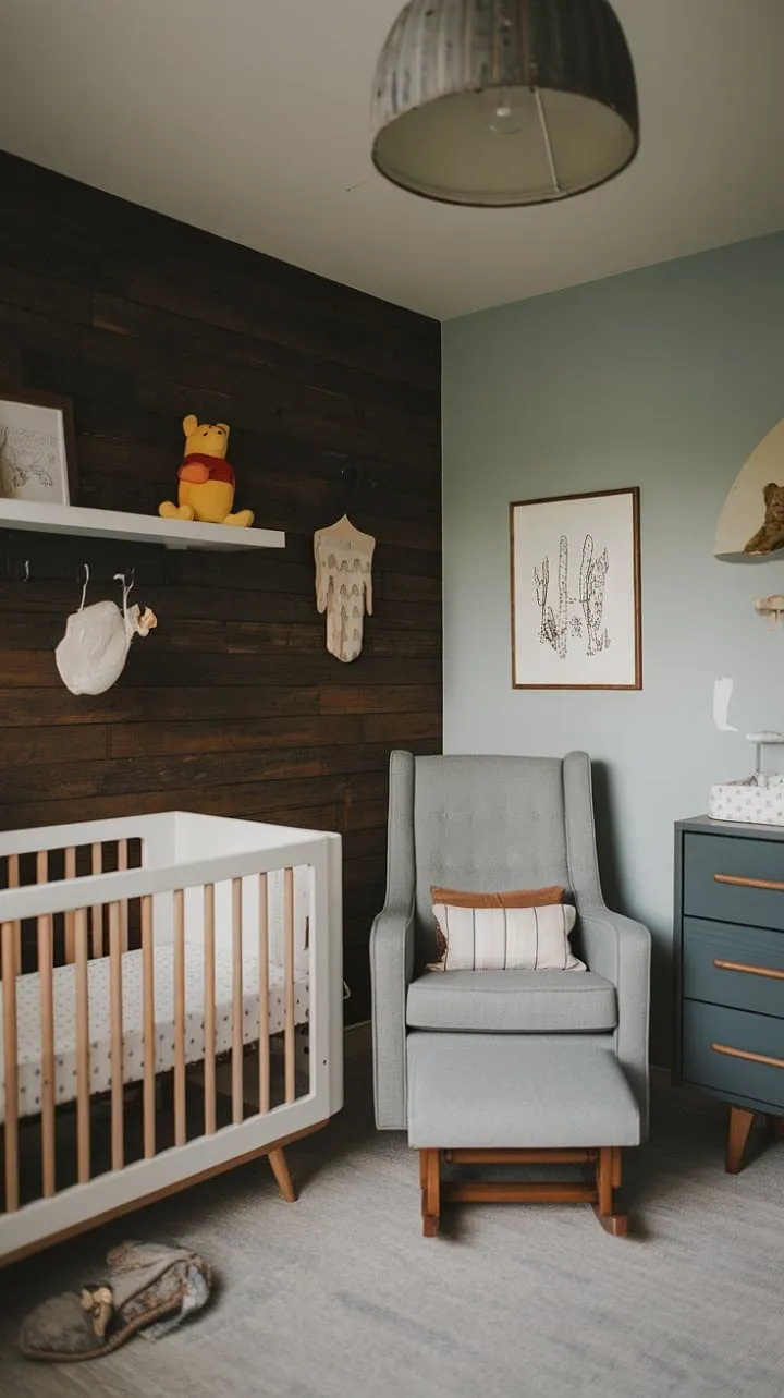 This enchanting nursery harmoniously fuses vintage charm with modern elegance, featuring a dark wood accent wall and playful decor for a stylish yet nurturing atmosphere.