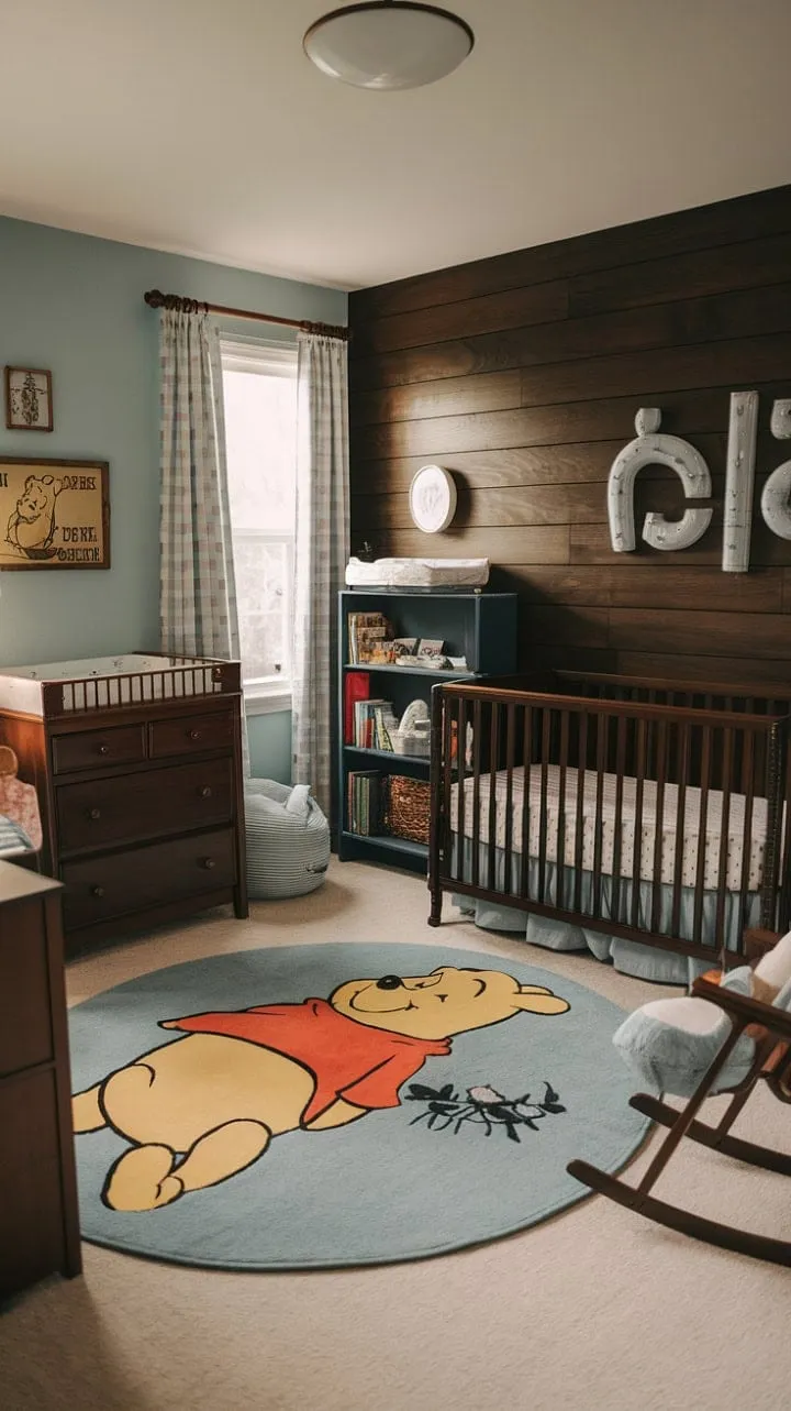 This enchanting nursery, adorned in dark wood and light blue with a classic Winnie the Pooh theme, blends antique charm and sophistication to create a magical childhood retreat.