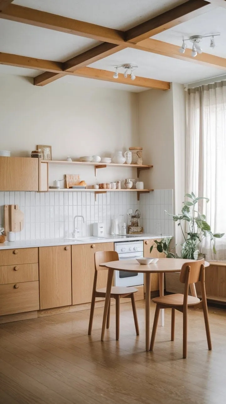 This Japandi-inspired kitchen harmoniously combines clean lines, natural materials, and soft accents to create a serene space ideal for peaceful mornings and mindful moments.