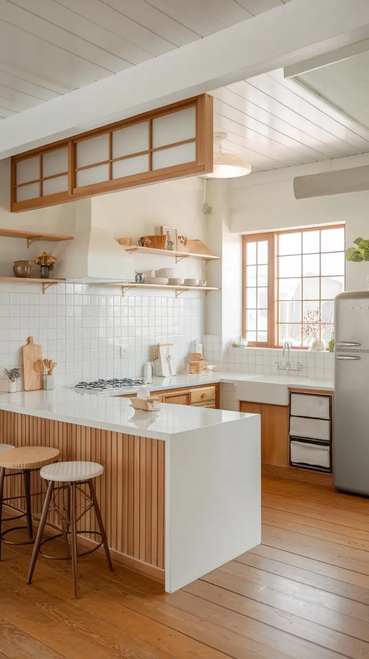 This radiant kitchen elegantly merges Japanese and Scandinavian design, creating a serene haven for culinary creativity through its simple lines and natural materials.